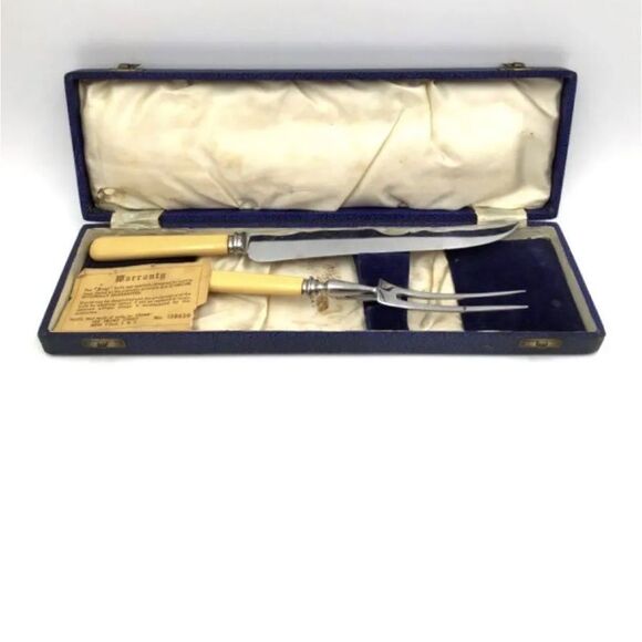 Antique Friar Yellow Original Stainless Steel Carving Knife & Fork Set With Case - Picture 5 of 7
